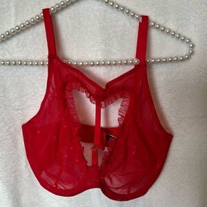 Adore Me Valentines Heart Cut-Out mesh bra 34DDD panty M Red
